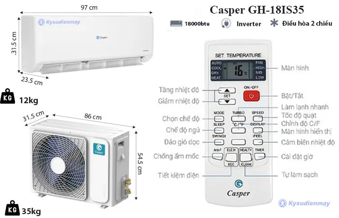 thông số kỹ thuật điều hòa casper 18000btu 2 chiều gh-18is35